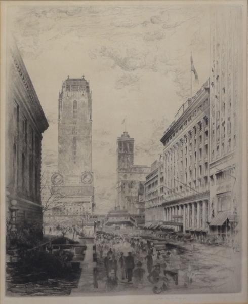 ARMS, John Taylor. Etching "West 42nd Street.": Pencil signed and dated 1920 lower left. Weidman Print Gallery, CA label verso. John Taylor Arms, American, 1887-1953. From a Sleepy Hollow, NY home. Dimensions: plate - 13" high x 10.5" wide. Conditi