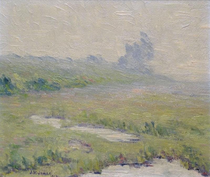 JAMES, John Wells. 1918 Oil on Board "Lifting Fog": Signed and dated lower left. John Wells James, American - Pennsylvania & New York, 1873 - 1951. From an East 71st St NYC estate. Dimensions: 10.5" high x 13" wide. Condition: Craquelure, surface grime