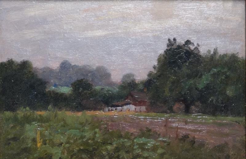 FOURNIER, Alexis J. 1912 Oil on Board of House in: Landscape. Signed and dated lower right. In Heydenryk frame, old Philips Auctioneers label verso. Alexis Jean Fournier, American, 1865 - 1948. From an East 71st St NYC estate. Dimensions: 6.75" high x