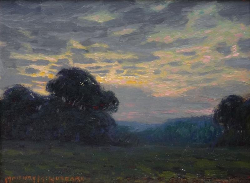 HUBBARD, Whitney M. Oil on Panel Landscape.: Signed lower left. Whitney Myron Hubbard, American - New York & Connecticut, 1875 - 1965. From an East 71st St NYC estate. Dimensions: 7" high x 8.75" wide. Condition: Good.