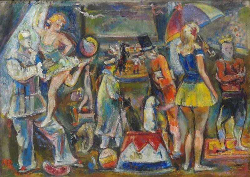 BECKER, Maurice. Oil on Canvas "Busy Circus.": Signed and dated upper left, initialed lower left. Inscribed verso, partial New York gallery label verso. Maurice Becker, American - New York, 1889 - 1975. Dimensions: 19" high x 29" wide. Condition: 