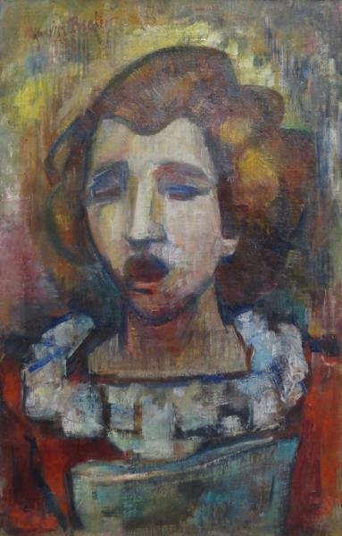 BECKER, Maurice. Oil on Canvas "One of a Chorus.": Signed and dated 1938 upper left. Signed, titled and dated verso. Interior scene painted verso. Maurice Becker, American - New York, 1889 - 1975. Dimensions: 24" high x 17" wide. Condition: Good, some