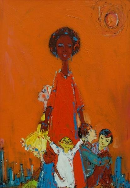 HOLLINGSWORTH, Alvin C. Oil on Canvas of Figures: Against a Cityscape. Signed lower left. Alvin Carl Hollingsworth, African-American, 1928 - 2000. From a New Rochelle, NY home. Dimensions: 24" high x 18" wide. Condition: Good.