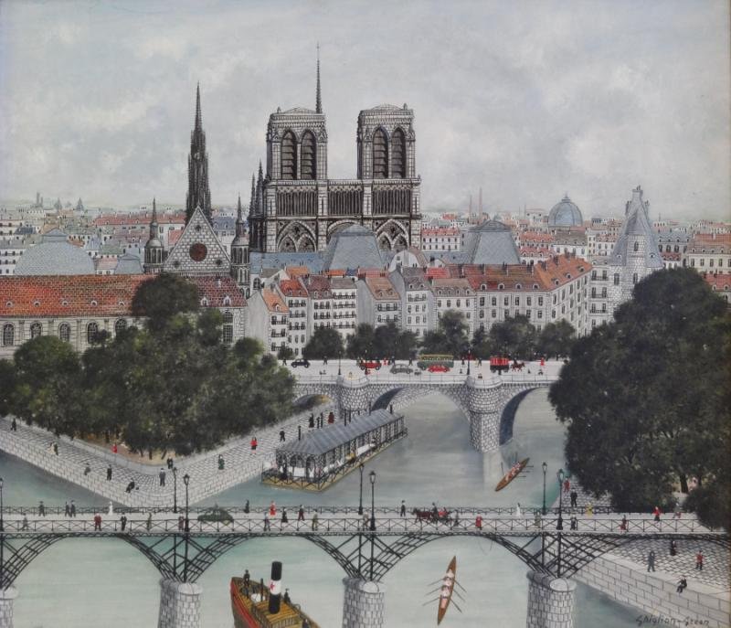 GHIGLION-GREEN, Maurice. Oil of Paris.: Signed lower left. Maurice Ghiglion-Green, French, 1913 - 1989. From a White Plains, NY home. Dimensions: 20" high x 24.5" wide. Condition: Good, some surface grime and minor soiling.