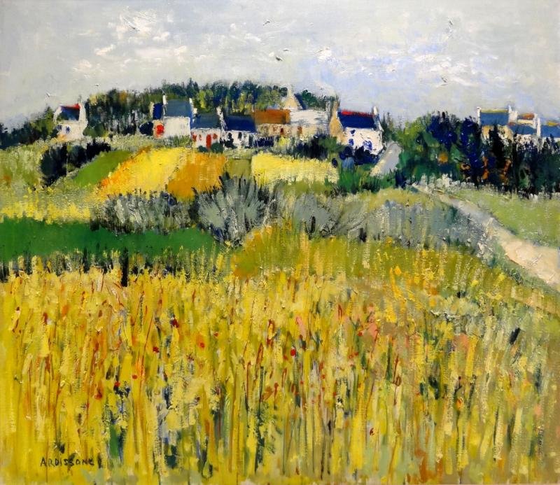 ARDISSONE, Yolande. Oil on Canvas "Bles a Saint: Philbert." Signed lower left, plaque on frame with title. Wally Findlay label and original $1200 price tag verso. Yolande Ardissone, French, b. 1927. From a East 71st St NYC estate. Dimensions: 29" hi