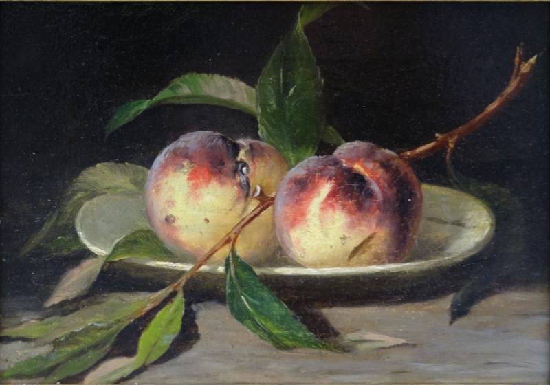 PEALE, Mary Jane - Attributed. Oil on Panel Still: Life with Peaches. Unsigned, Labels verso attribute work to Peale and read 'Property of the Barnes Family.' From a Darien, CT location. Dimensions: 7.5" high x 11" wide. Condition: Craquelure, otherwi
