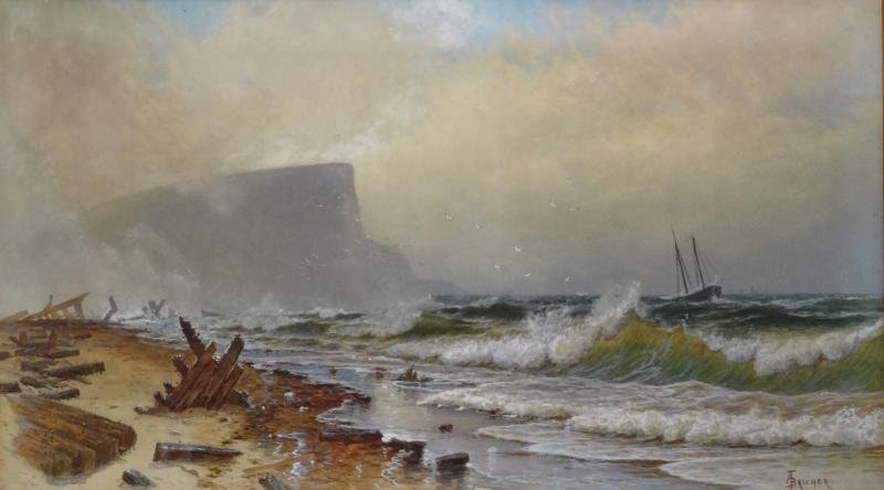 BRICHER, Alfred. Watercolor "Rough Seas of Grand: Manan." Watercolor on paper laid on canvas. Signed lower right. Alfred Thompson Bricher, American, 1837 - 1908. From a Darien, CT location. Dimensions: 18" high x 32" wide. Condition: Good, not examin