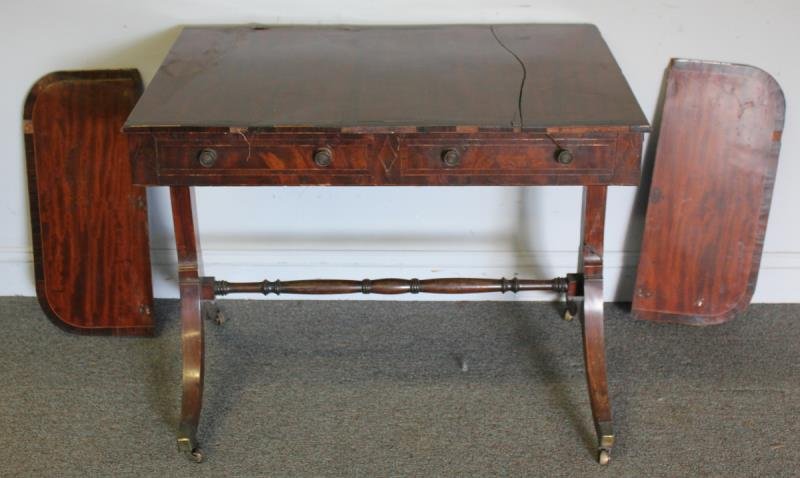 Antique Mahogany Regency Sofa Table, As is.: With line inlay and rosewood banding. From a Westchester, NY estate. Dimensions: 35" w x 24.125" d x 27.5" h. Condition: In need of significant but worthwhile restoration.