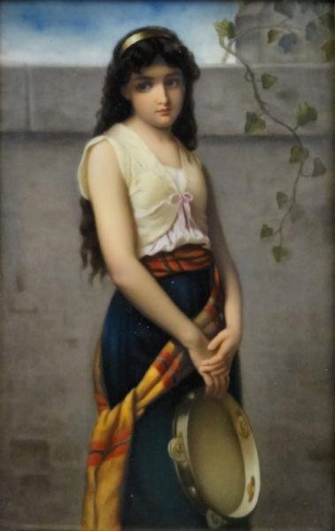 K.P.M. Porcelain Plaque of a Gypsy with Tambourine: A beautiful plaque after Mignon in original frame with incised KPM mark verso. Inscribed "Mignon" and "1606" in pencil verso. From a White Plains, NY estate. Dimensions: 9.25" high x 6.25" wide. Condi