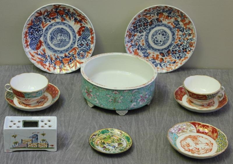 Antique Chinese Lot.: Includes a signed enamel decorated footed bowl, 2 signed cups and saucers with dragon decoration, and a small enameled copper dish. Also includes 2 antique Japanese plates, and a modern chinoiserie de
