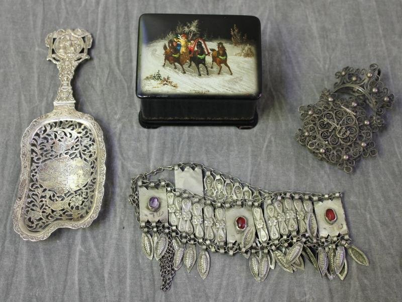 JUDAICA. Miscellaneous and Silver Lot.: Includes a silver Judaica wedding ring "Shaddai," an English sterling silver bon bon spoon, a Russian lacquer box, and a low grade silver? wedding crown set with cabochon stones - apparently unmarked.