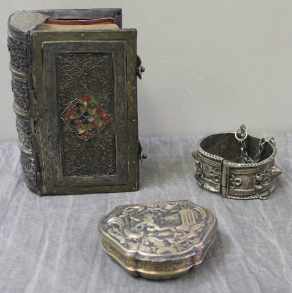 JUDAICA. Miscellaneous Silver Items.: Includes a small silver snuff box of excellent quality - marked with a crown over an "FH" - possibly Francis Hararche, London, circa 1740; a possibly silver cuff bracelet - unmarked; and an enameled s
