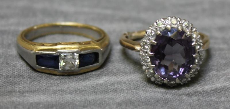 JEWELRY. 14kt Yellow Gold Rings.: Includes 14kt yellow gold and white gold ring with center round cut diamond flanked by sapphires. With a 14kt yellow gold ring set with a large oval cut Alexandrite? surrounded by 14 round cut diamond