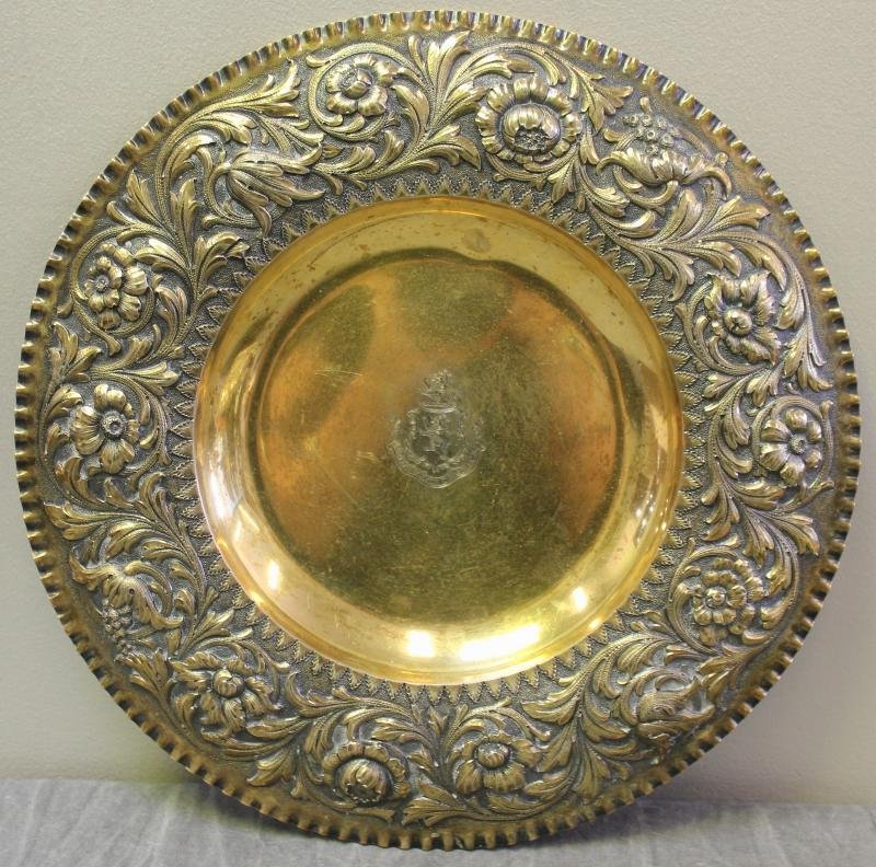 STERLING. Tiffany & Co. Vermeil Bowl.: With scalloped edges and floral motif. With central etched shield of lion rampant, and inscription, "God Grant Grace." Total weight is approximately 17.29 troy oz. From a New Canaan, CT estate. Dimens