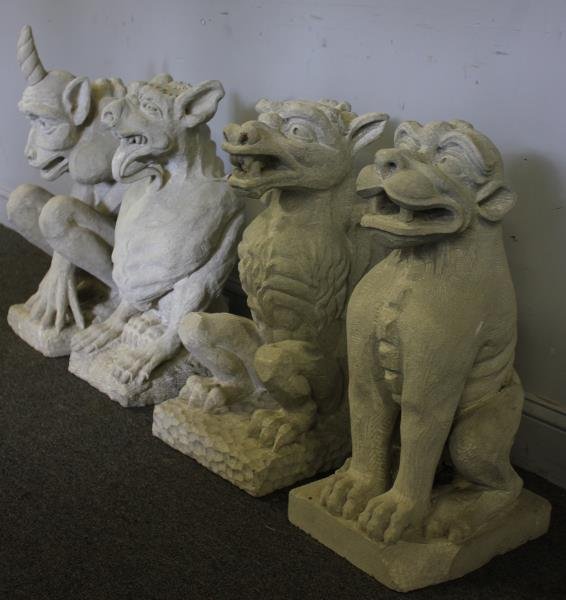 Set of 4 Carved Limestone Gargoyle Figures.: Probably 20th Century. From a Sloatsburg, NY estate. Dimensions: Largest is 27" high. Condition: Chips and losses.