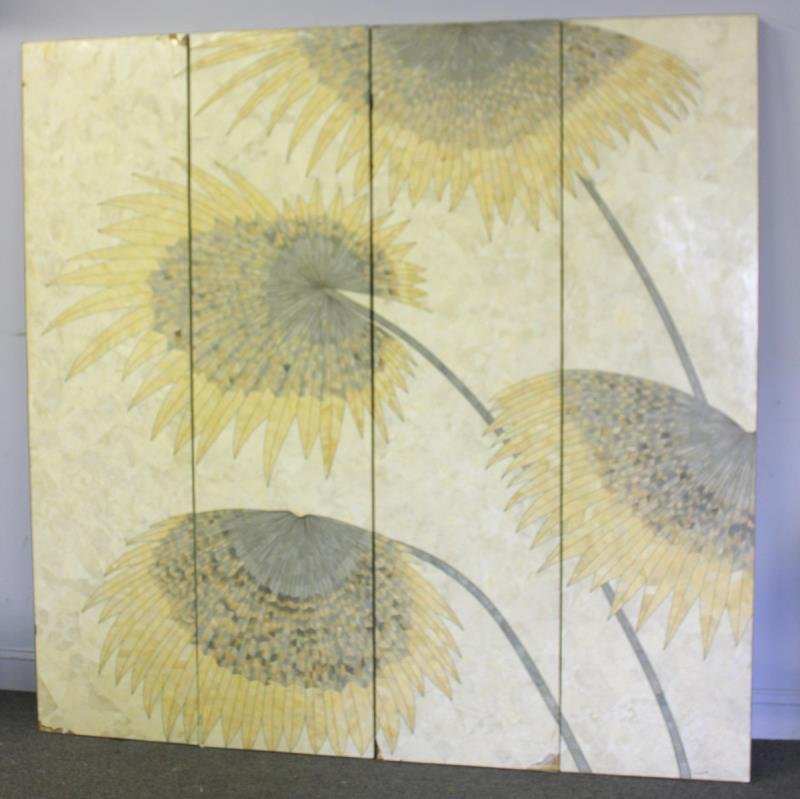 Large Midcentury 4 Panel Tessellated Screen.: Tesselated bone and inlaid brass. Style of Maitland Smith. From a Rye, NY estate. Condition: As is with losses to edges and several corners, sides and cracks. Dimensions: 18" w x 72" high each.
