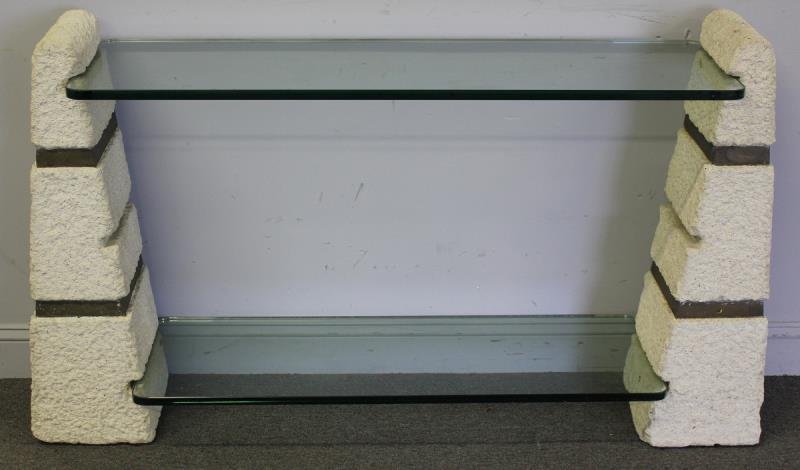 Signed Silas Seandel Stone and Brass Band Console.: Incised signature to brass banding. From a Rye, NY estate. Dimensions: 60" wide x 14" x 34" high. Condition: Good.