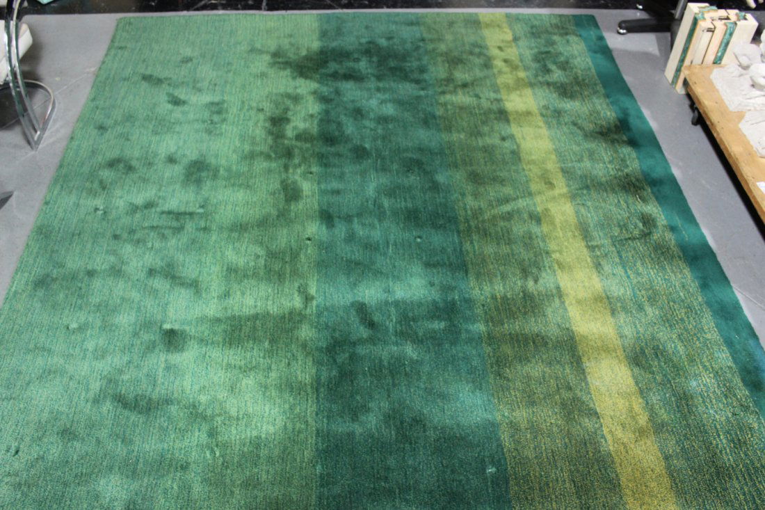 Roomsize Edward Fields Carpet.: Carpet has graduated / variable saturation green coloration. From a Rye, NY estate. Dimensions: 9' 4" x 11.' Condition: good.
