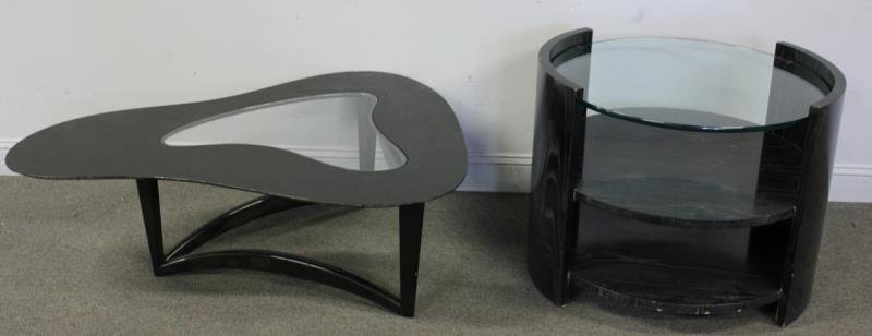 Midcentury Organic Form and Glass Insert Coffee: Table. Together with a Barrel Form 3 Tier Coffee Table with Glass Top Shelf. Organic table black lacquered with three angled base legs, barrel form table pickled oak?. From a Long Island, NY estate. D