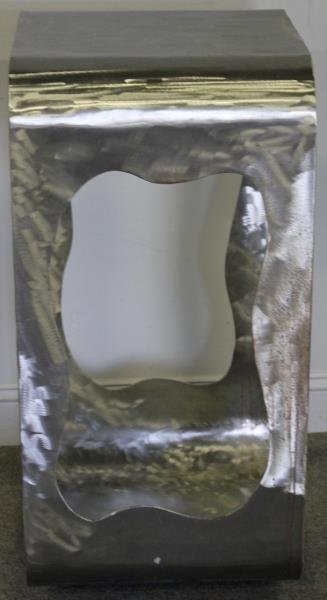 Midcentury Silas Seandel Style Polished Steel: and Brushed Steel Pedestal. From a Rye, NY estate. Dimensions: 21" w x 18" d x 37" h.