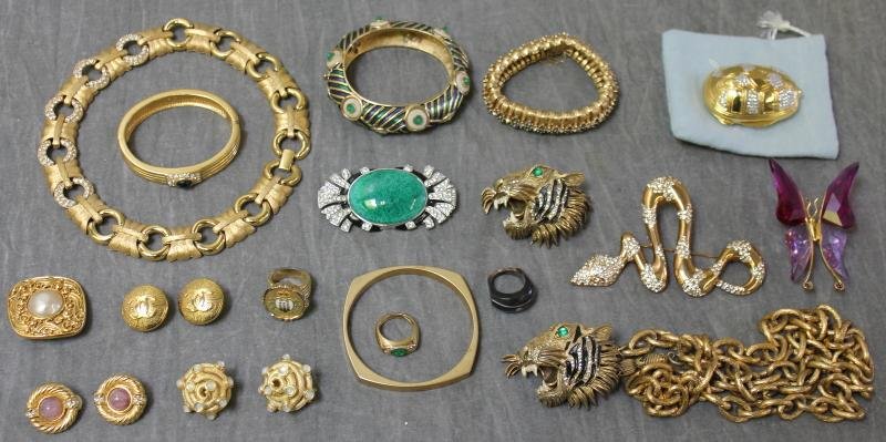 JEWELRY. Costume Jewelry Grouping.: Includes Chanel, Boucher, Erwin Pearl, a Judith Leiber pill box, Hattie Carnegie, and more. Total of 3 pairs of earrings, 3 rings, 4 bracelets, 5 brooches, 2 necklaces, and a pill box. From a Manhatta