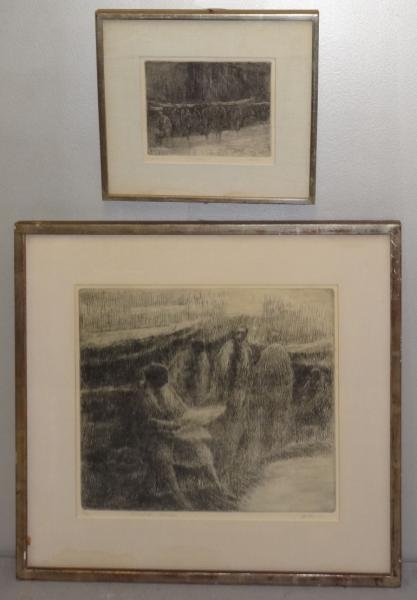 ALTMAN, Harold. Two Etchings. "Newspaper Reader" &: "Figures." "Newspaper Reader" - pencil signed lower right, titled center and numbered 5/20 lower left, plate - 12.25" high x 14.25" wide. "Figures" - pencil signed lower right, titled center and inscr