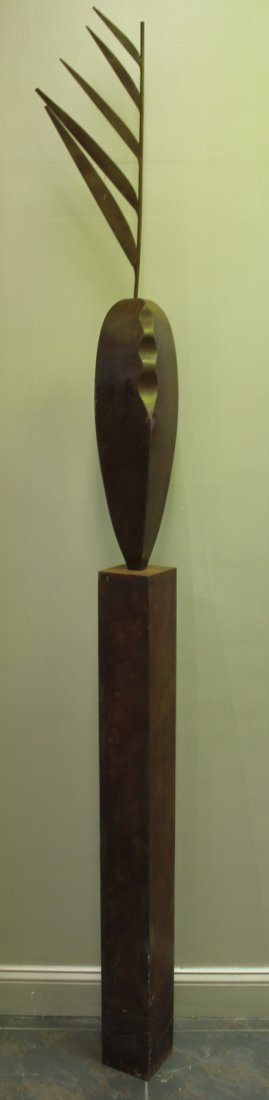 CHARLES, Peter. "Sentry" Steel Abstract Sculpture.: Signed, titled, and dated 1988. From a Rye, NY estate. Condition: Outdoor surface rust and minor wear appropriate to environment including abrasion to edge of seed on one side.