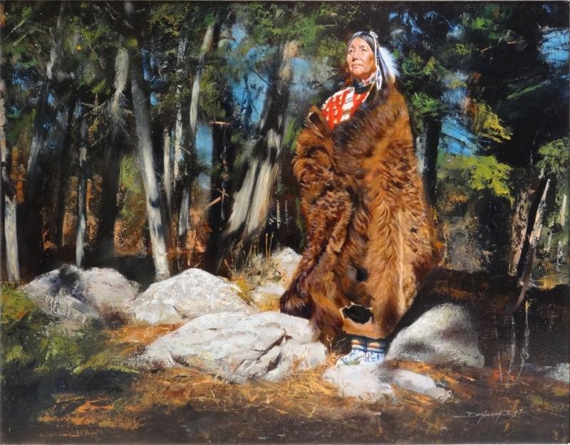 KUCERA, David E. Oil on Board "Strange Owl's: Buffalo Robe." Signed and dated 97 lower right, inscirbed with title and date verso. Ed (David Edward) Kucera, American - active in Colorado / California / Nebraska, b. 1961. From a Long Island, NY es