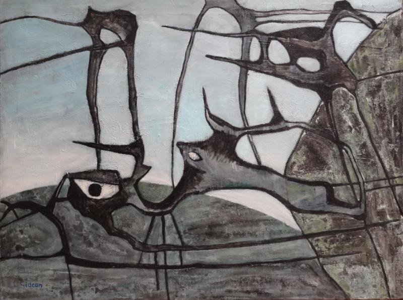 GIDEON, L. Mid 20th C. Abstract Oil on Canvas: "Rymdstation." Signed lower left, titled on stretcher verso. From a New Canaan, CT location. Dimensions: 26.75" high x 37" wide. Condition: Small scattered losses.