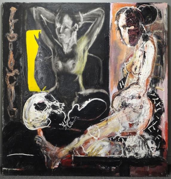 MESSER, Sam. Oil on Canvas "Double Portrait: Without Sedg" or "Pink Toe." Signed, titled and dated 1985-88 verso. Sam Messer, American - Massachusetts, b. 1955. With copy of original 1988 receipt from the Ruth Siegel Gallery, New York for $9,000