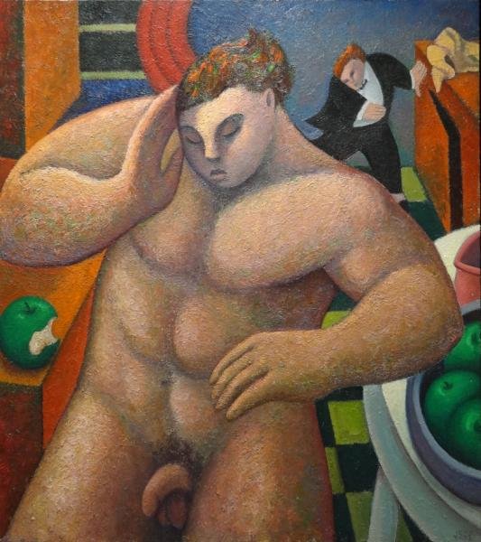 JESSUP, Robert. Oil on Canvas "Adam's Kitchen.": Initialed 'JSSP' lower right, signed, titled and dated 1984 verso. Dart Gallery, Chicago, IL label verso. With a copy of the 1987 receipt from the Ruth Siegel Gallery, New York for $7,100. Robert Jess