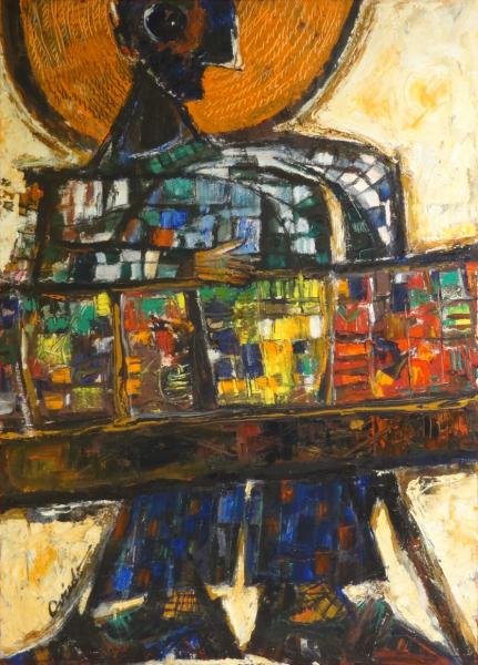 OVIEDO, Ramon. Modernist Oil on Canvas of a: Musician. Signed lower right. Ramon Oviedo, Dominican, b. 1927. From a Brooklyn, NY home. Dimensions: 43.75" high x 31.75" wide. Condition: Craquelure, some buckling to canvas.