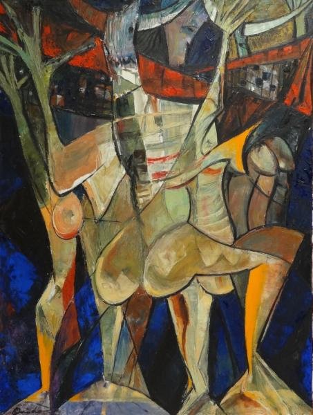 OVIEDO, Ramon. Oil on Canvas "Mujeres Embrujados.": Signed lower left. Signed and inscribed verso with title. Ramon Oviedo, Dominican, b. 1927. From a Brooklyn, NY home. Dimensions: 36" high x 28" wide. Condition: Area craquelure, otherwise good.