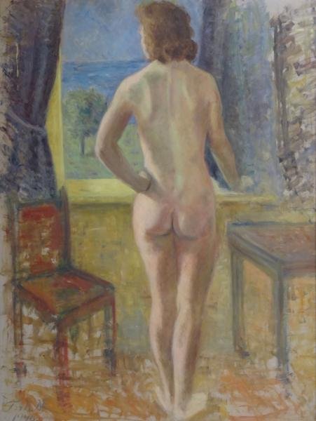 FRITS, N. Oil on Board of a Nude in an Interior.: Signed 'Frits N.' and dated 1946 lower left. From a New Canaan, CT location. Dimensions: 31.75" high x 24.25" wide. Condition: Good.