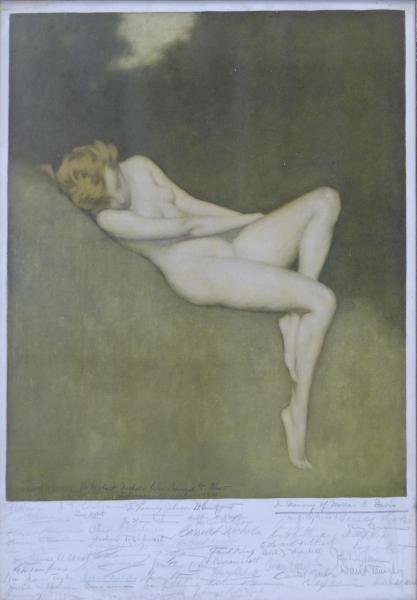 Warren B. Davis Print Signed by the 1929: Salmagundi Club. With pencil inscriptions: 'To Hobart Nichols from Samuel T. Shaw / Salmagundi Club 1929' and 'In Memory of Warren B. Davis.' Includes the pencil signatures of Gordon Grant, John Edwar
