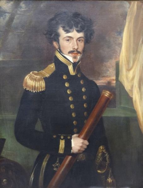 DERBY, William. 19th Century Oil/Canvas Portrait: of Lieutenant Richardson, Bombay Marine. Signed lower left. Old label with identifying inscription on original frame. William Derby, British, 1786-1847. Purchased by the owner from Parke Bernet's PB-8