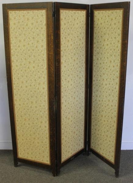 Mission Oak 3 Panel Folding Arts & Crafts Screen /: Room Divider by Quaint Furniture. With tag: Quaint Furniture, Stickley Bros. Co., Grand Rapids, Mich. With original upholstery. From an Orange County, NY home. Dimensions: open - 57.25" wide x 1" d x 