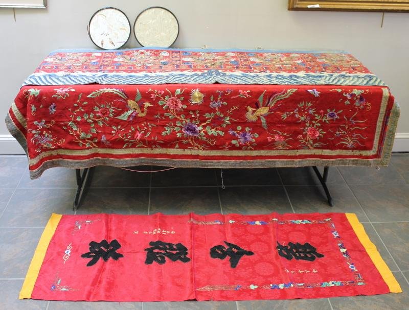 Antique/Vintage Asian Embroidery Lot.: Includes a large metallic thread panel with dragons and bats, a panel with metal embroidered cranes, a signed Chinese embroidered panel, and a pair of small framed circular panels. From a Massachusett