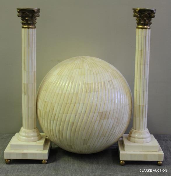 Pair of Large Tessellated Candlesticks Lot.: Together with Tessellated Bone Sphere. From a Queens, NY location. Condition: Long horizontal crack / separation through center of sphere. Dimensions: candlesticks: 18" high.