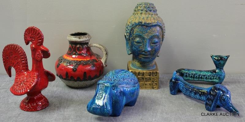 Midcentury Italian Ceramic Lot.: Including Rosenthal Nutter, Italian Buddha head, unmarked, probably Bitossi elephant and dachshund, a Raymoor cat, an unmarked rooster and western German lava ewer. From a New Canaan, CT estate. Dimen
