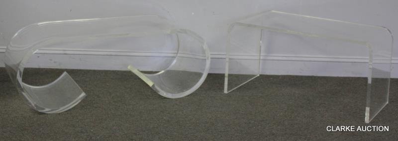 Midcentury Lucite Coffee Table / Low Console Lot.: Includes a possibly Karl Springer rolled leg Lucite table and a flared corner Lucite console/ coffee table. From a Pelham, MA estate. Dimensions: rounded - 42" w x 16" d x 16.5" h; console - 34" w x 1