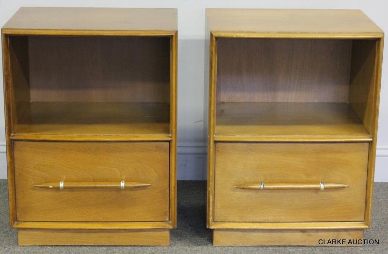 Midcentury Pair of T.H. Robsjohn-Gibbings End: Tables or Nightstands. For Widdicomb. Cloth label on drawer interior. Brass capped pulls on lower drawer below shelf compartment. From a Pelham, MA estate. Dimensions: 19" wide x 15" x 25.5" high. Con