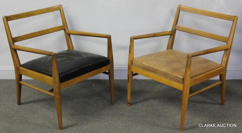 Midcentury Pair of Robsjohn-Gibbings Style Chairs.: Pair of armchairs, one with black leather cushion and one with brown leather upholstered cushion. From a New Canaan, CT estate. Dimensions: 24" w x 25" d x 31" h.