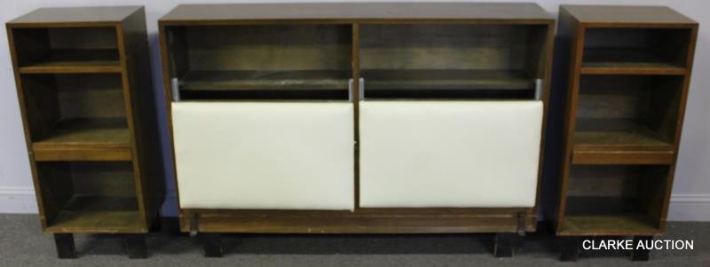 Midcentury Pair of George Nelson for Herman Miller: End Table Bookcases. Together with cushioned George Nelson for Herman Miller headboard. Bookcases with adjustable extension center shelf. Headboard with storage compartments behind cushions. Labeled o