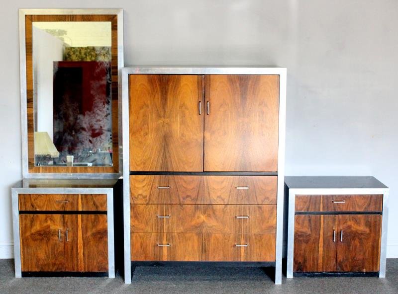 Midcentury Milo Baughman Bedroom Set.: Rosewood, chrome and black lacquer set includes tall chest, mirror, and two small chests / end tables. Unsigned. From a Manhattan, NY estate. Dimensions: tall chest - 40" w x 19.25" d x 55" h; Mirror 