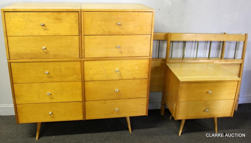 Midcentury Paul McCobb for Planner Group Lot.: Furniture lot includes credenza or low chest with two removable 2 drawer units on top, 2 single bed headboards, and a two drawer nightstand. From a Massachusetts estate. Labeled Paul McCobb for Planne