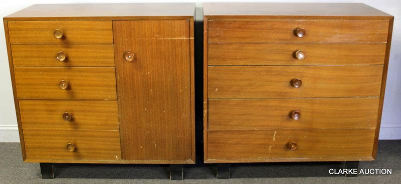 Midcentury Matched George Nelson for Herman Miller: Cabinets. One with door and 5 drawer, other with 5 drawers. Both with matching grain and pulls. Labeled George Nelson / Herman Miller on drawer interior. From a Massachusetts estate. Dimensions: 40.25