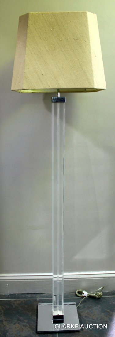 Midcentury Karl Springer Lucite and Chrome Floor: Lamp. With vintage, original shade? From a Westport, CT estate. Dimensions: 60.5" h overall.