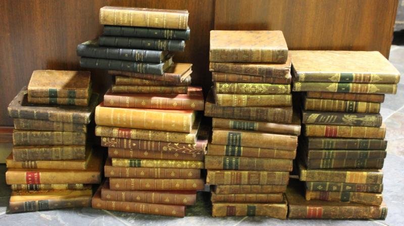 BOOKS. Lot of Antique Leather Bound Books.: Includes approx 50+ volumes. Many broken sets, French, Spanish, and religious volumes. From a New Rochelle, NY home.