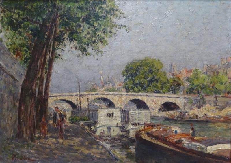PICABIA, Francis. Oil on Canvas "Ponte Marie.": Signed lower left. Francis Picabia, French, 1879 - 1953. An early 20th century view of the Seine from Picabia's post-impressionist phase c. 1902-1908. Purchased in 1957 from G.M Lottinga Ltd. 9a New B